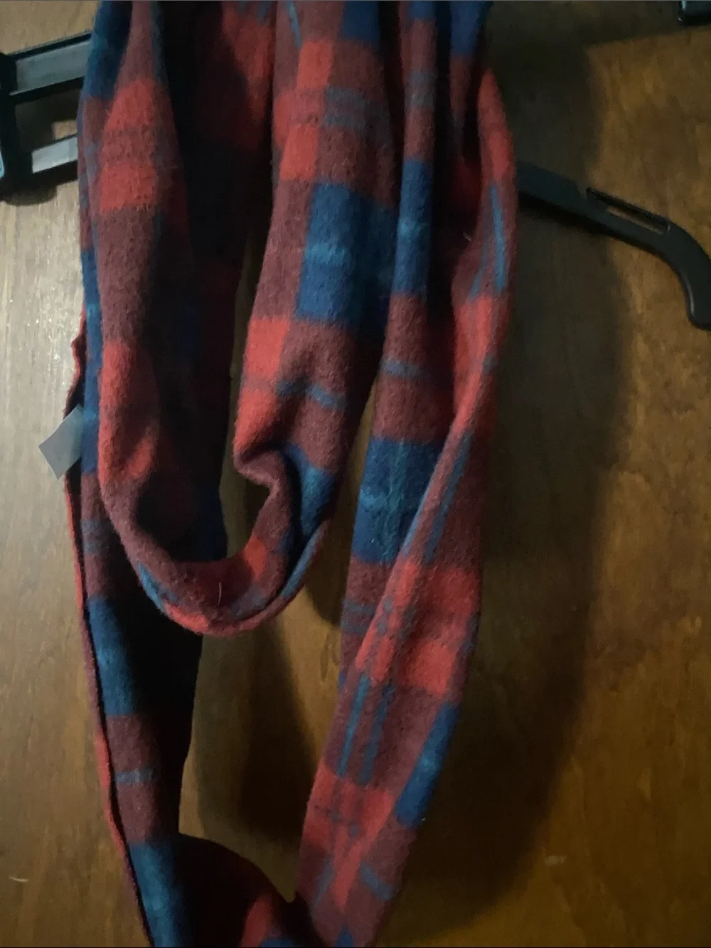 Red and blue plaid fleece loop scarf